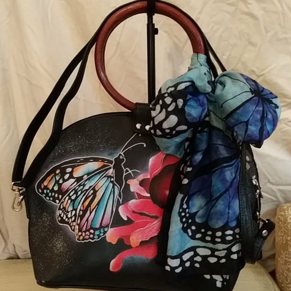 SUKRITI Leather Floral Tote Bag with Silk Scarf